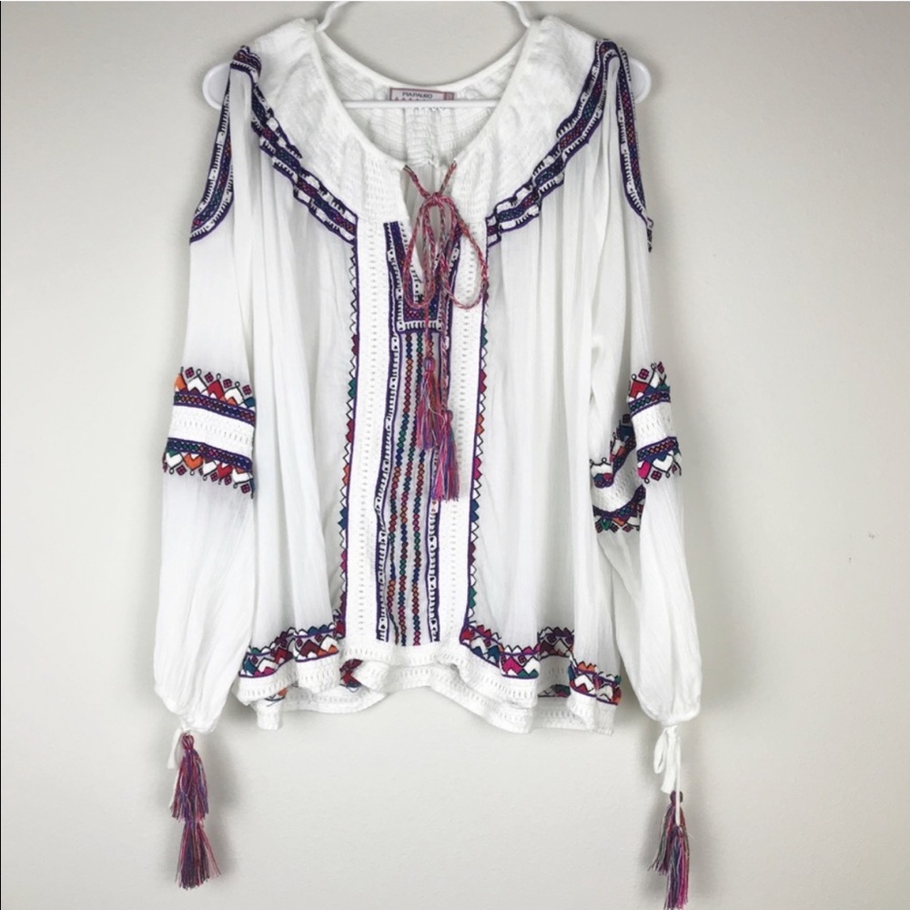 Pia Pauro Smocked Embroidered Open Shoulder Top